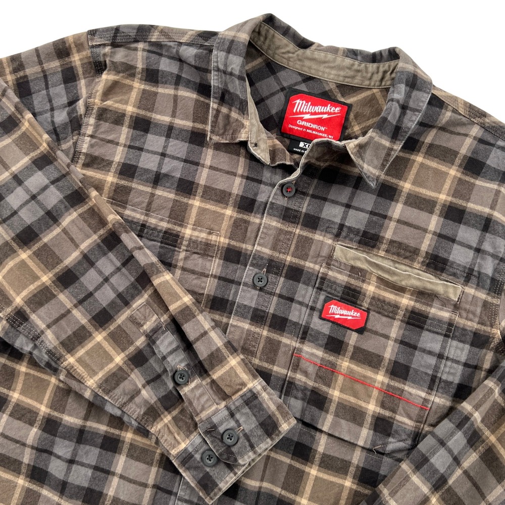 Milwaukee Tools Gridiron Heavy Flannel Shirt Mens XL Brown Plaid Cotton Workwear